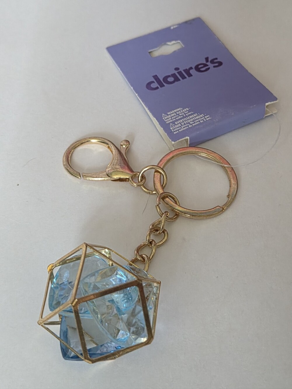 Claire's Gold Keychain with Blue Crystal Cube